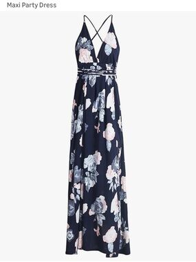 Bohemian Floral Navy Maxi Party Dress with Cross-Back Straps